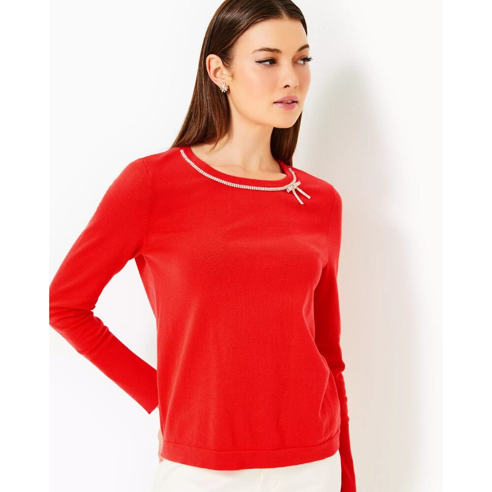 Lilly Pulitzer Morgen Rhinestone Bow Crewneck Sweater - S - Rococo Red